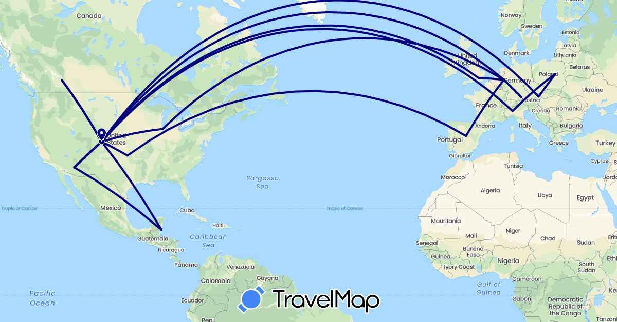 TravelMap itinerary: driving in Austria, Belize, Canada, Germany, Spain, United Kingdom, Italy, Poland, United States (Europe, North America)